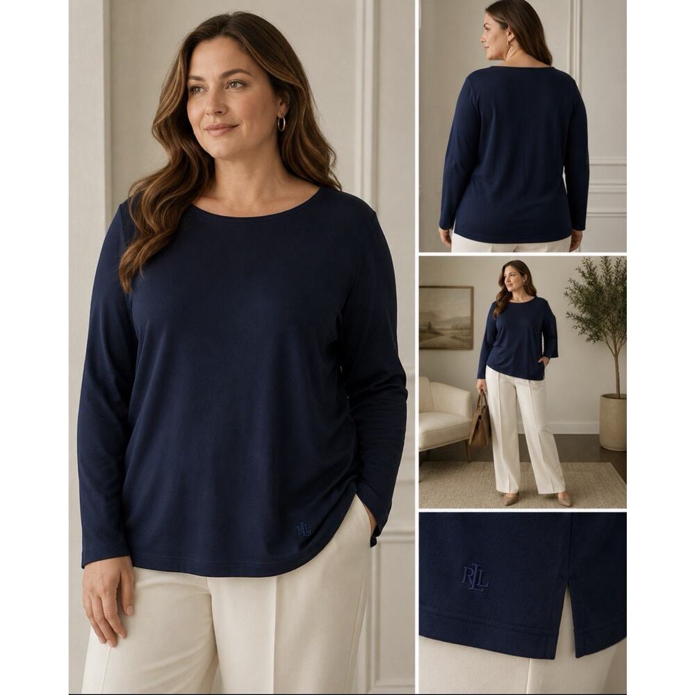 Lauren Ralph Lauren Womens 3X Navy Blue Long Sleeve Stretch Knit Top Plus Size
